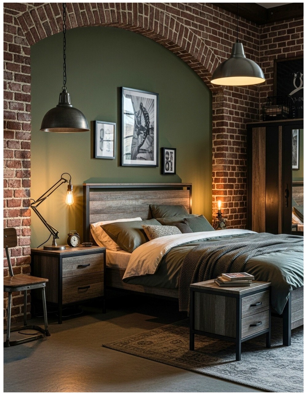 Olive Green Industrial Loft-Style Bedroom with Exposed Brick