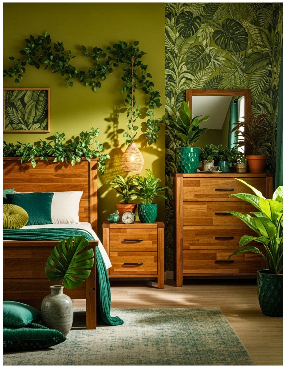 Olive Green Jungle-Themed Bedroom with Leafy Prints and Faux Vines