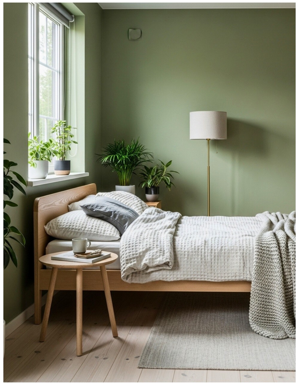 Olive Green Scandinavian Bedroom with Soft Neutrals and Natural Light