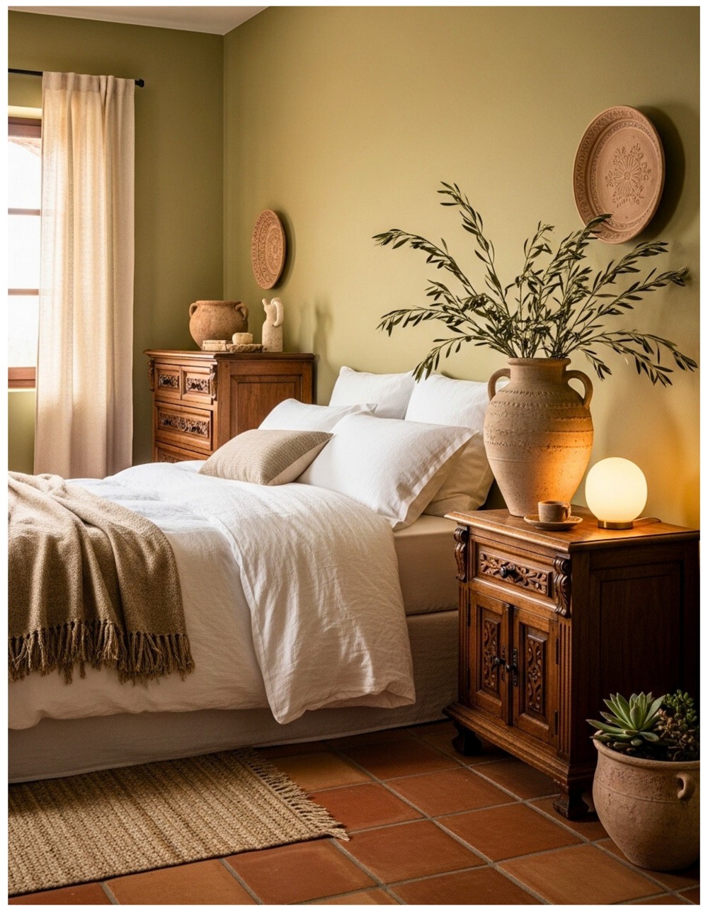Olive Green and Terracotta Mediterranean Style Bedroom