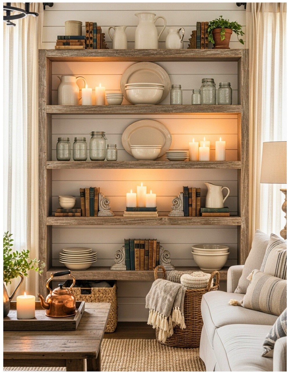Open shelving displaying creamware pottery, mason jars, and farmhouse candles