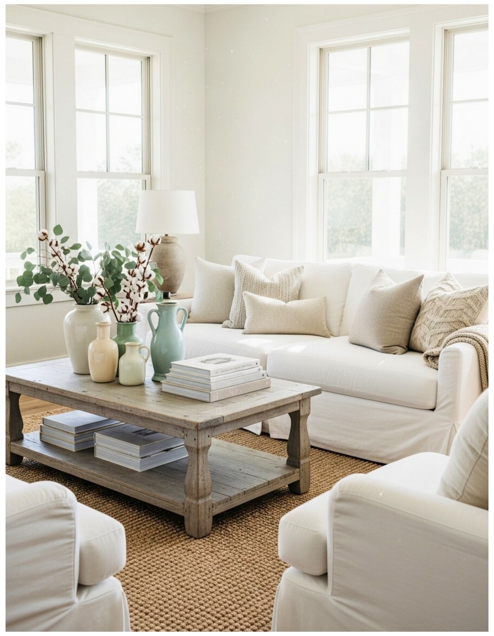 Oversized white slipcover sofa paired with distressed wooden coffee table centerpiece
