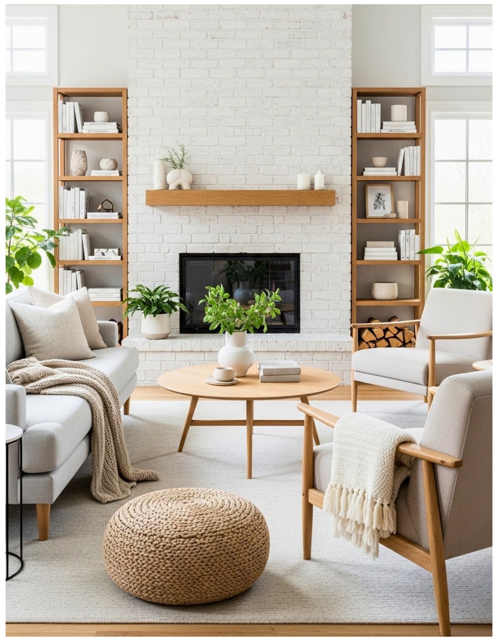 Paint brick fireplace pure white for a Scandinavian-inspired minimalist statement