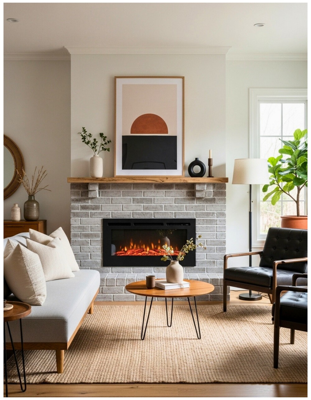 Pair painted gray brick with sleek black fireplace insert for modern elegance