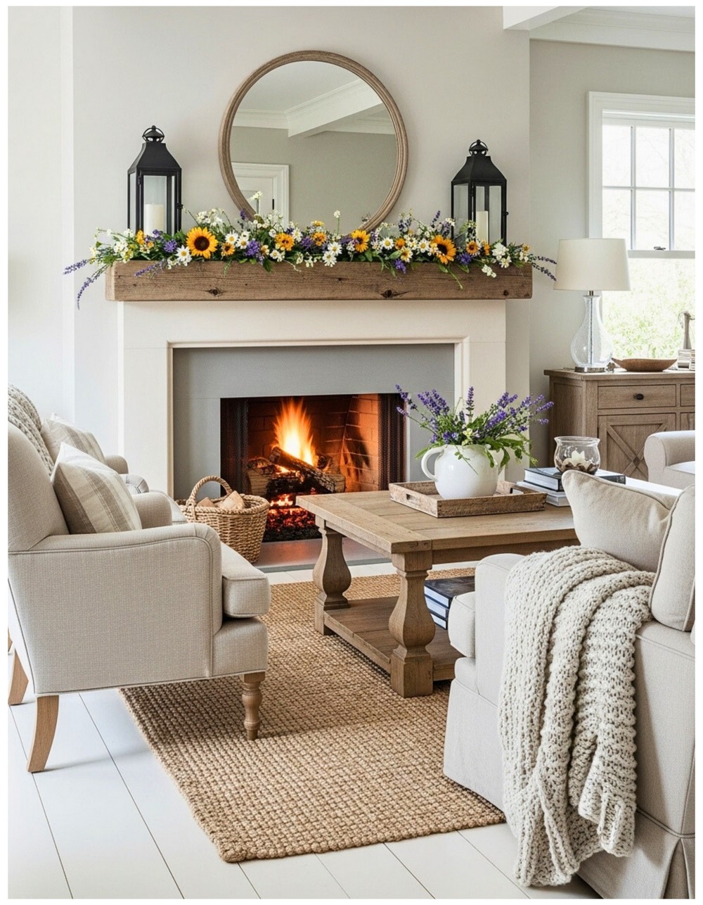 Reclaimed barnwood mantel with iron lanterns and seasonal wildflower garland
