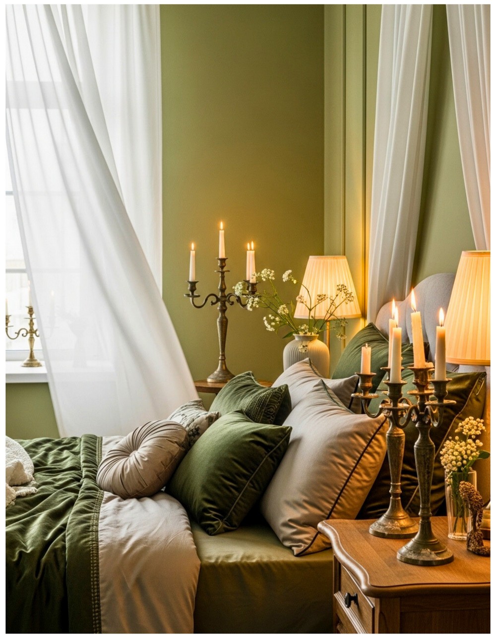Romantic Olive Green Bedroom with Sheer Drapes and Candle Holders