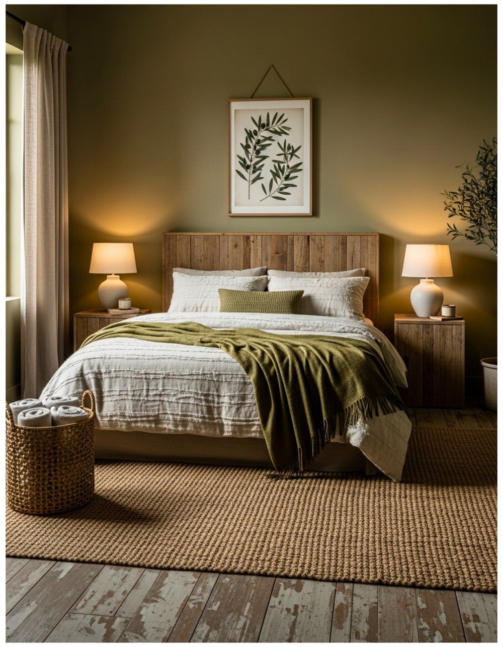 Rustic Olive Green Bedroom with Reclaimed Wood Accents