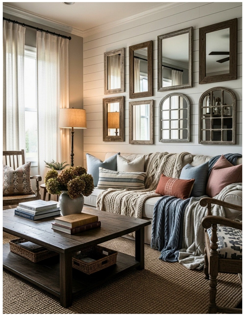 Shiplap accent wall adorned with mismatched antique farmhouse mirrors