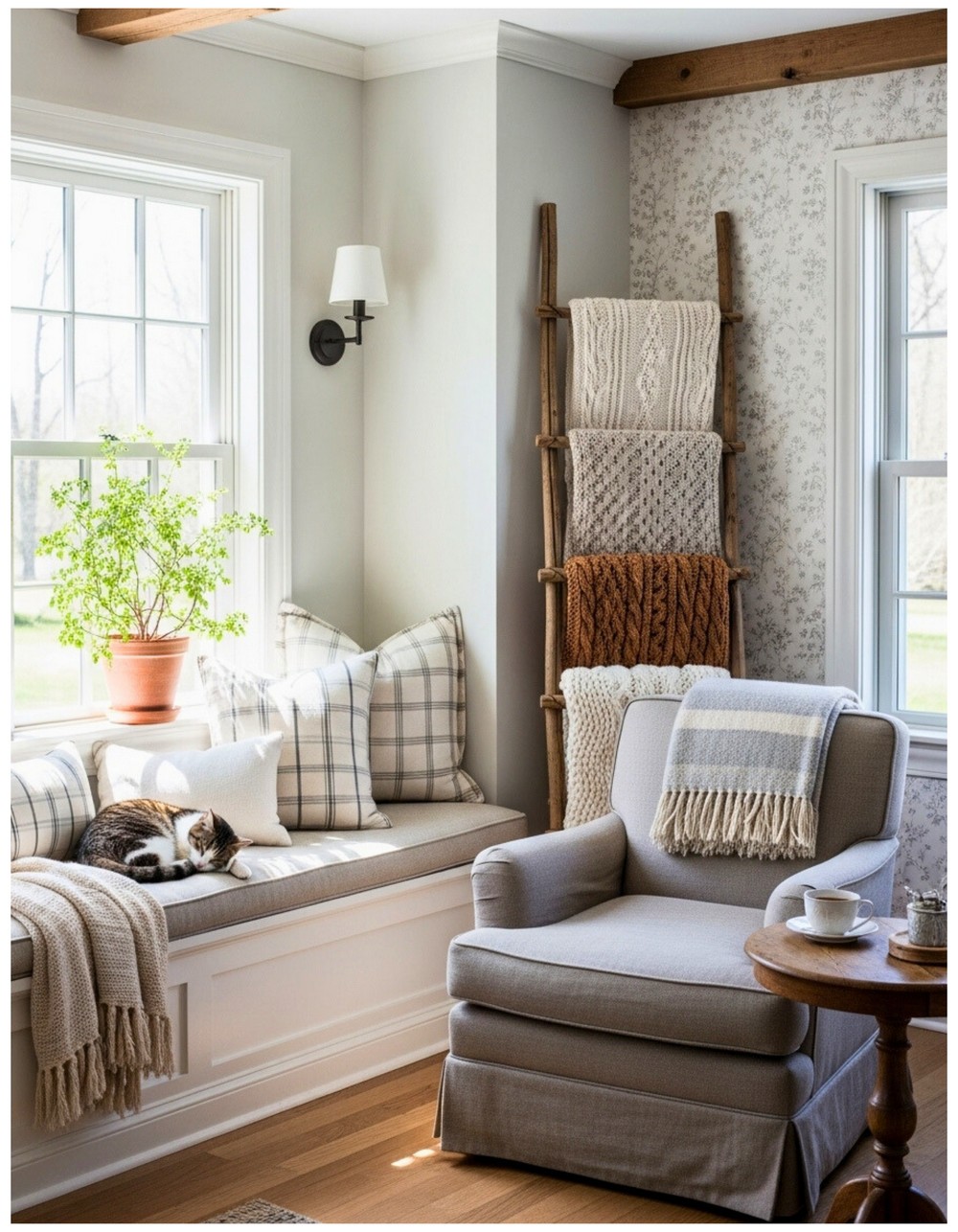 Sunlit window seat surrounded by farmhouse throw pillows and woven blanket ladder