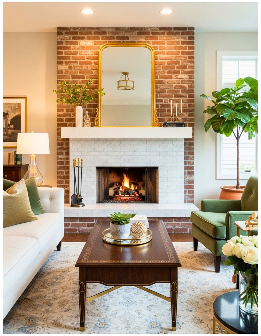 Surround brick fireplace with marble tile for a luxe contrast