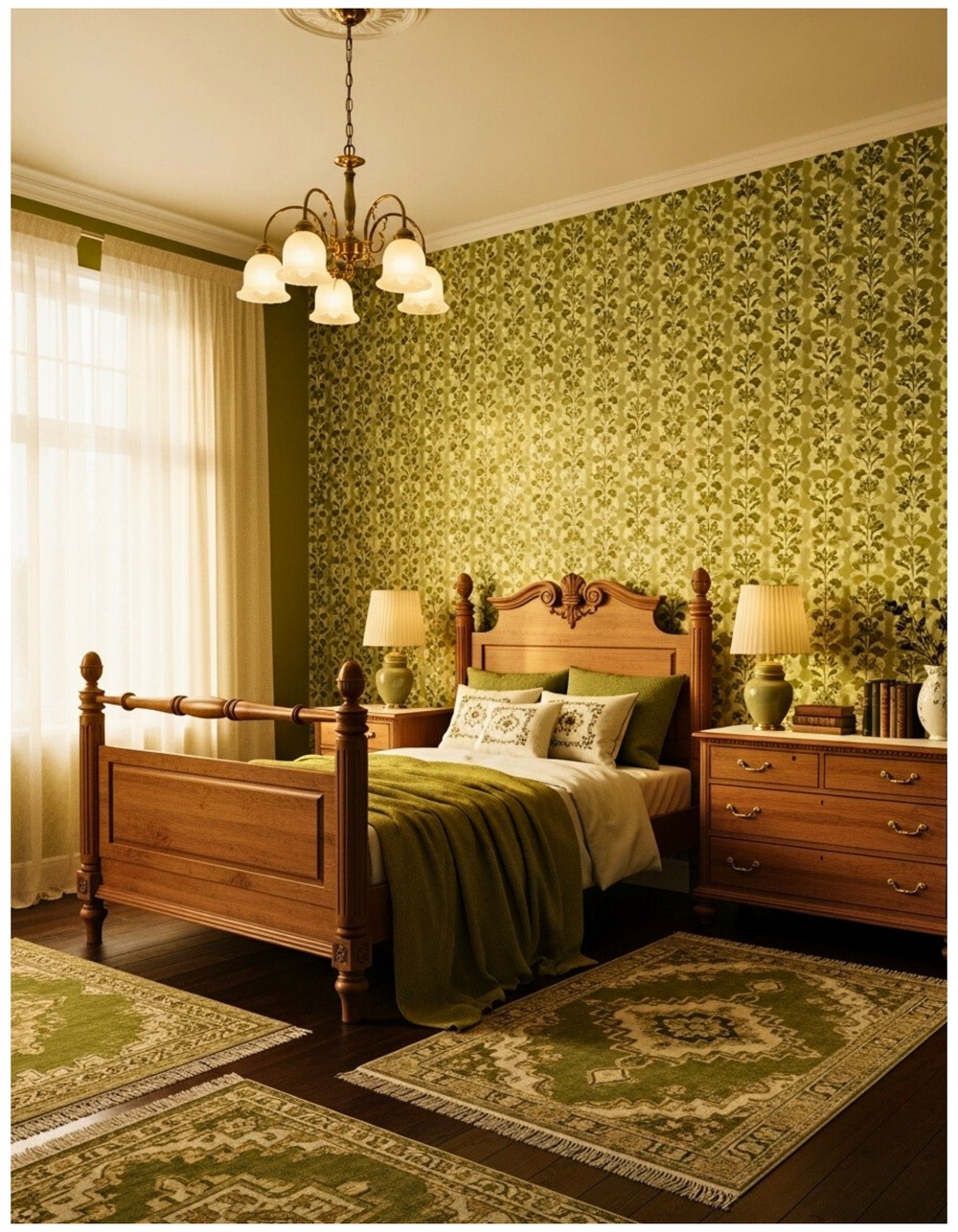 Vintage Olive Green Bedroom with Antique Furniture and Retro Patterns