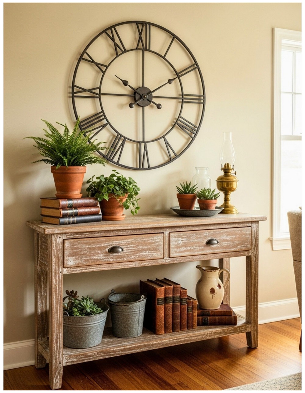 Wrought iron wall clock above a rustic wooden console brimming with potted greenery