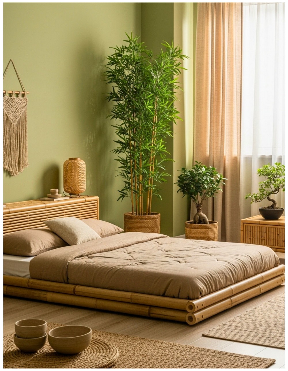 Zen Serenity Bedroom with Olive Green Walls and Bamboo Décor