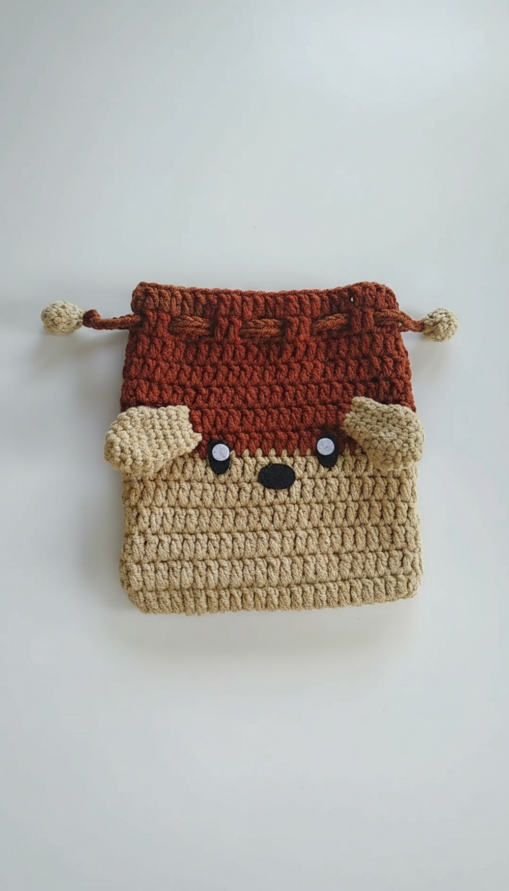 Crochet Brown Puppy Drawstring Bag 2