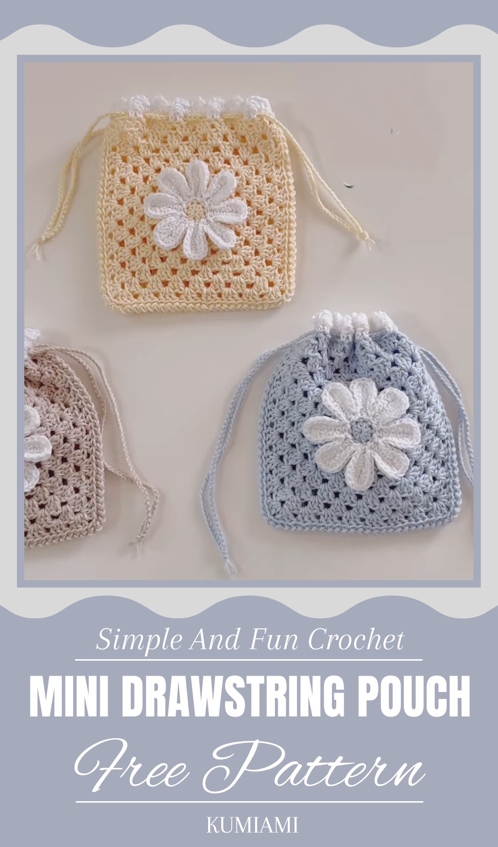 Crochet 3d Daisy Motif Mini Drawstring Pouch